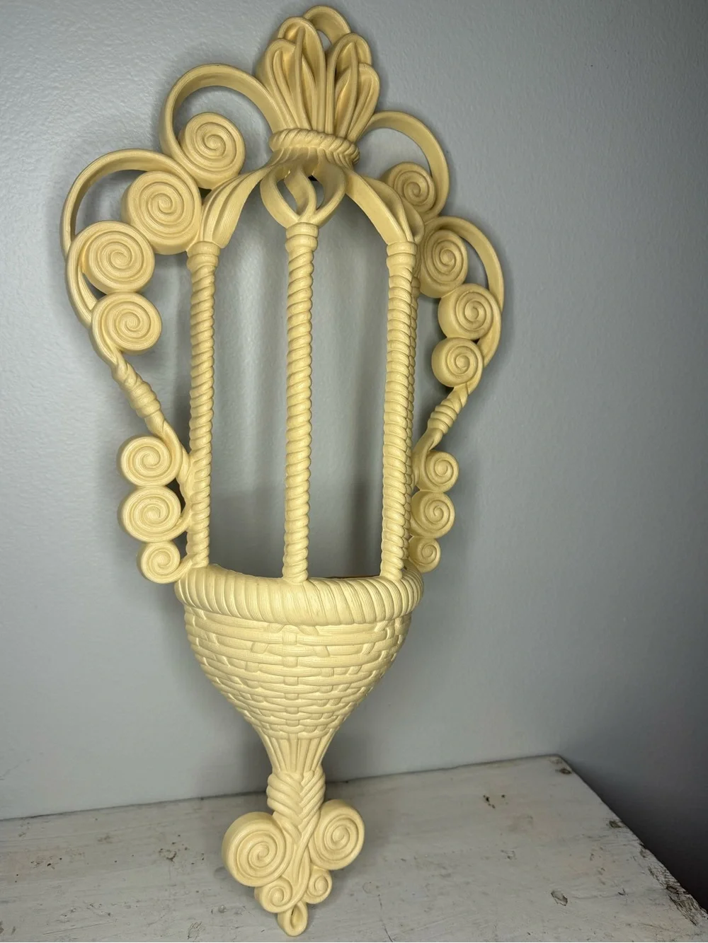 VTG 1972 Burwood #1628 Faux Wicker Rattan White Wall Pocket Sconce Planter